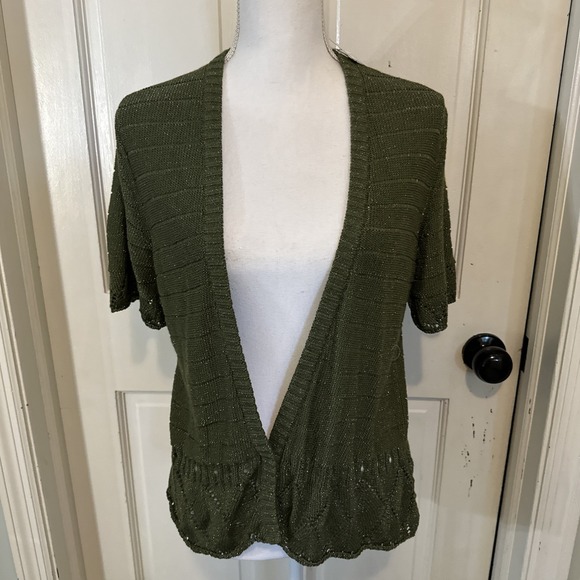 Anthropologie MOTH NWT Cardigan Short Sleeve Sweater Green Metallic Ruffle Hem L - Picture 1 of 13